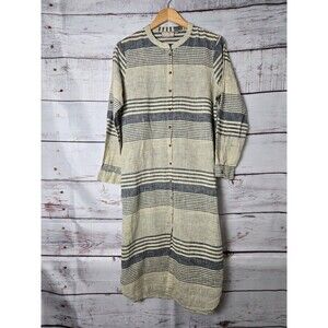 Utsa Womens Tunic Dress Size Small Beige Blue Striped Kurta Long Sleeve Cotton